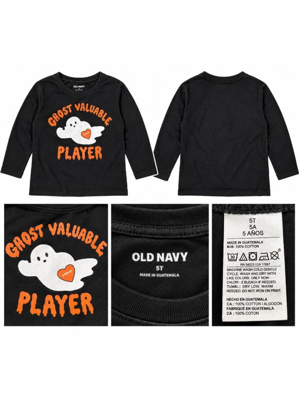 Old Navy Boys 5T Black Halloween Ghost Valuable Player Football Long Sleeve Shir